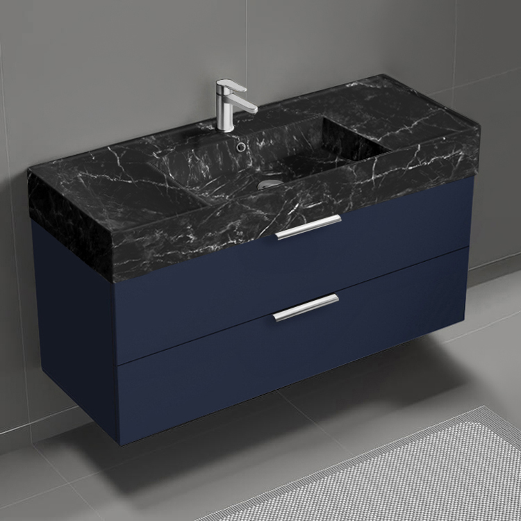 Bathroom Vanity Floating Bathroom Vanity, Modern, Blue, 48 Inch, Black Marble Style Sink, Chrome Handles Nameeks DERIN947